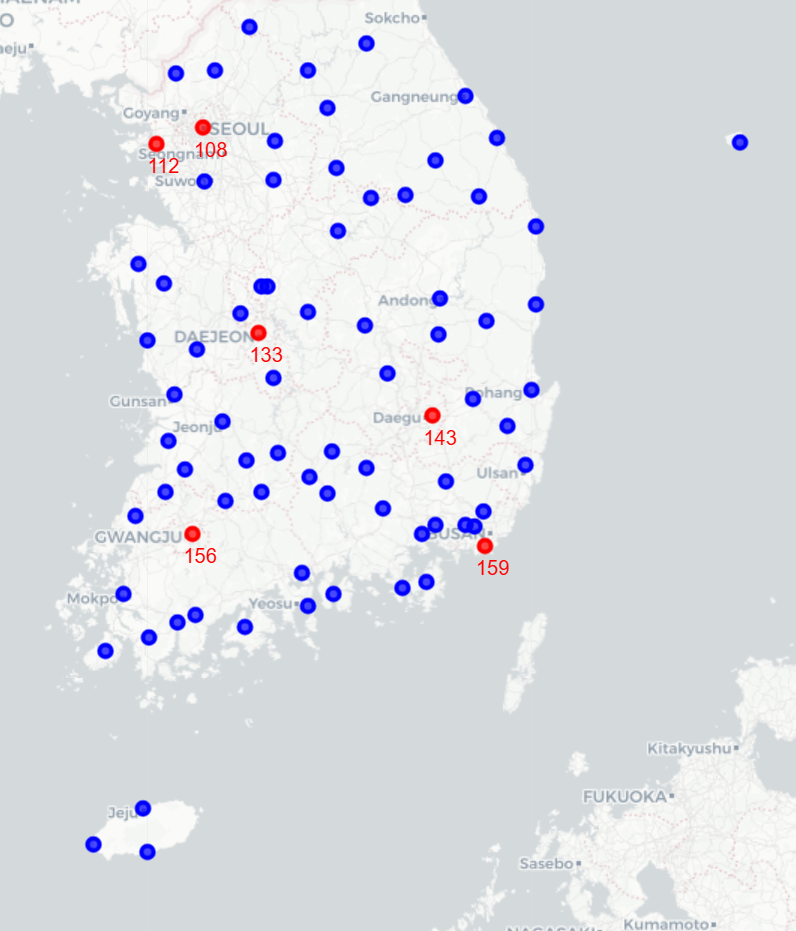 Map highlighting Seoul, Busan, Incheon, Daegu, Daejeon, and Gwangju as the six study cities.
